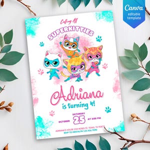 SuperKitties invitation, Printable Editable Super Kitty Invite, SuperKitty Birthday Party invite template, Kitten Invitation Cute Invite