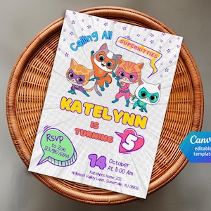 SuperKitties invitation, Printable Editable Super Kitty Invite, SuperKitty Birthday Party invite template, Kitten Invitation Cute Invite