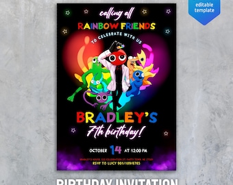 Rainbow Friends Birthday Party invitation template, Rainbow Gang Birthday invite, Rainbow Friends invite, printable editable evite