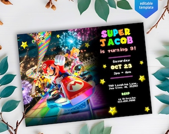 Birthday Invite boy girl, super mario bros movie invitation, Instant Download, video game Birthday Invite template, mario kart