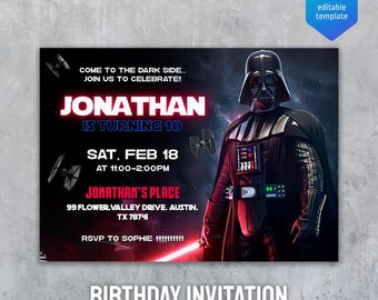 Printable birthday invite, Editable invitation, instant Download, wars invitation, Star invite, wars invitation, darth vader birthday party