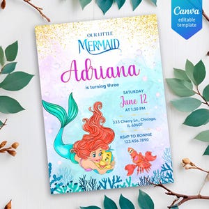 Princess Ariel Birthday invitation, Girl editable invite template, little mermaid printable invitation, under sea party, instant download
