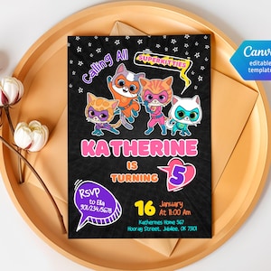 SuperKitties invitation, Printable Editable Super Kitty Invite, SuperKitty Birthday Party invite template, Kitten Invitation Cute Invite