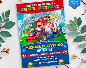 Birthday Invite boy girl, super mario bros movie invitation, Instant Download, video game Birthday Invite template, mario kart