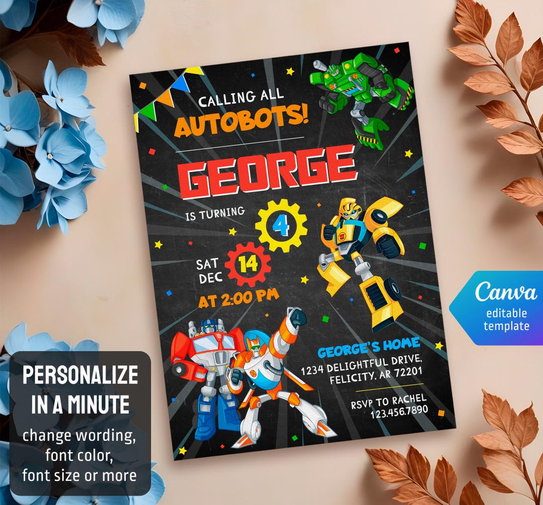 Printable Birthday Invitation, Autobots Boy Birthday Invite, Editable ...