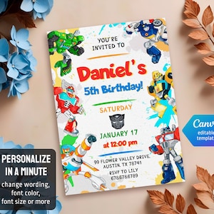 May include: A colorful birthday invitation featuring cartoon robots. The invitation reads "Daniel's 5th Birthday!" with details including the date, time, and RSVP information. The design includes the text "Personalize in a minute" and "Canva editable template."