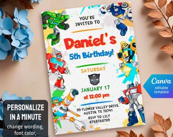 May include: A colorful birthday invitation featuring cartoon robots. The invitation reads "Daniel's 5th Birthday!" with details including the date, time, and RSVP information. The design includes the text "Personalize in a minute" and "Canva editable template."