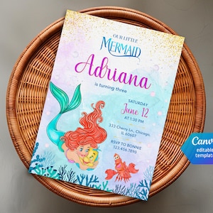Invitation d'anniversaire de la princesse Ariel, modèle d'invitation modifiable pour fille, petite invitation imprimable de sirène, fête sous la mer, téléchargement immédiat