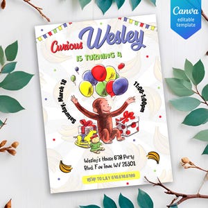 Curious George birthday invitation, Printable monkey invite, ape invite, Curious George party, boy 1st 2nd 3rd birthday, editable template