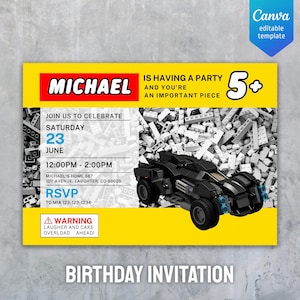 May include: A rectangular birthday invitation card with a yellow border and a black and white background of plastic building bricks. It features a black toy car, the text Michael is having a party and you're an important piece, and event details.