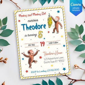 Curious George birthday invitation, Printable monkey invite, ape invite, Curious George party, boy 1st 2nd 3rd birthday, editable template