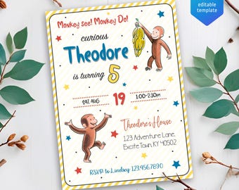 Op de afbeelding: Een kleurrijke uitnodiging voor een 5e verjaardagsfeest met een cartoon-aap die bananen vasthoudt. De uitnodiging zegt "Monkey see! Monkey Do! curious Theodore is turning 5" met de datum en tijd van het feest. De uitnodiging bevat ook het adres en RSVP-informatie.