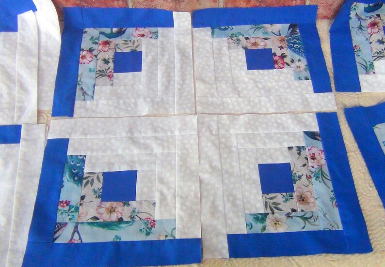 20 HUGE Already Pieced Handmade Log Cabin Quilt Top Blocks Peacocks White Tulips Patchwork Blue Centers Traditional Finished Quilting NEW image 3