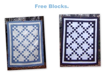 Quilting Free Blocks Single Irish Chain Quilt Top- Brown Blue White Pieced Patchwork- Wall Throw Lap- Cotton Traditional Unfinished Finished