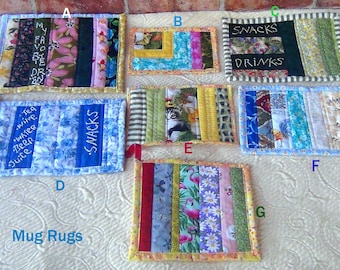 Handmade Mug Rugs- Food Snack Tea Milk Coasters- Hand Embroidered Machine Quilted Embroidery Floral Rooster Patchwork- Strip Pieced Quilting