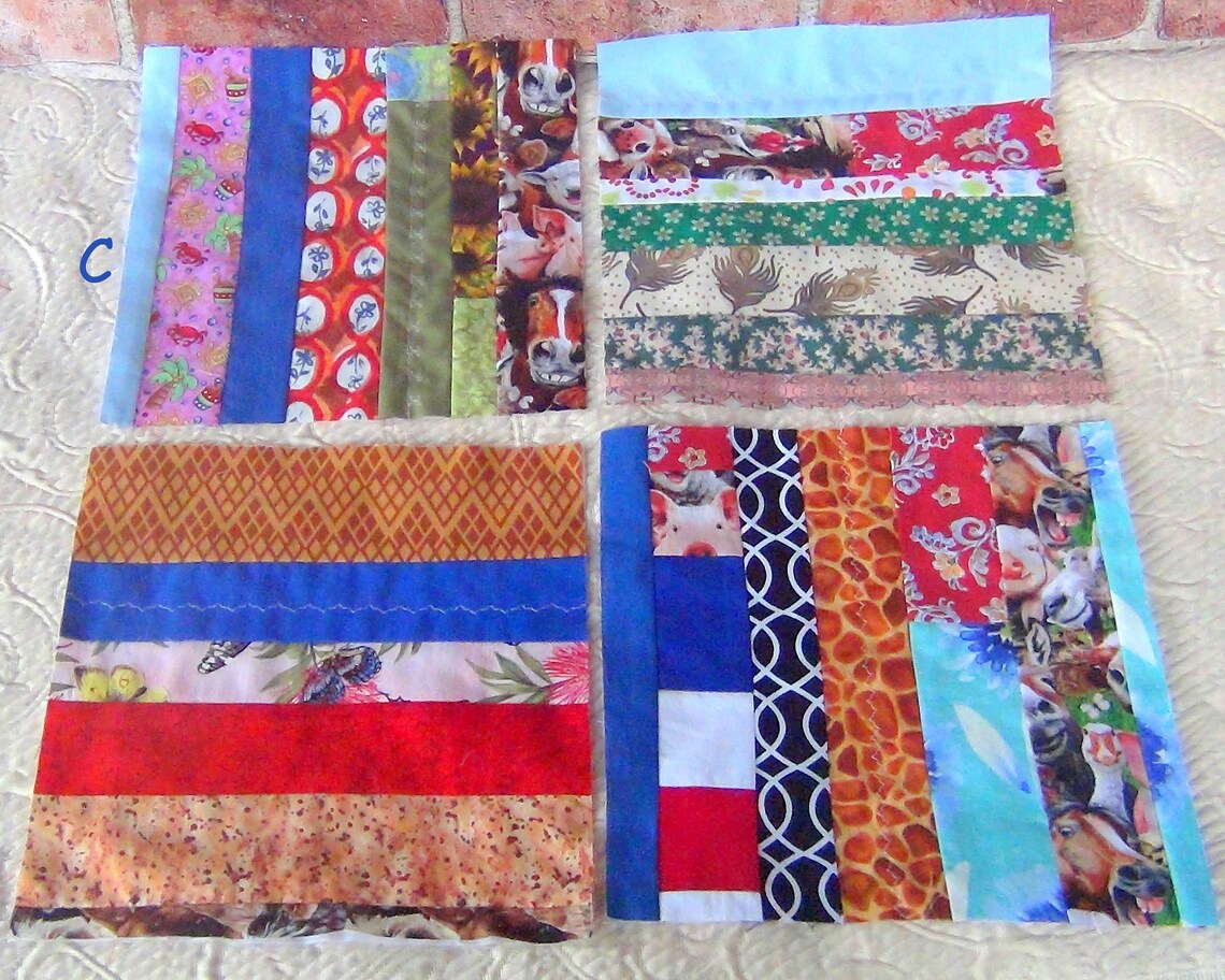 Scrap Crazy Country Quilt Blocks: Two Different Lots of 12 Embroidered LARGE Strip Pieced Machine Embroidery Finished Quilting Squares C D image 2