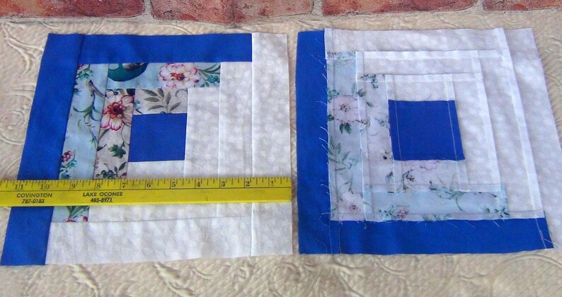 20 HUGE Already Pieced Handmade Log Cabin Quilt Top Blocks Peacocks White Tulips Patchwork Blue Centers Traditional Finished Quilting NEW image 8