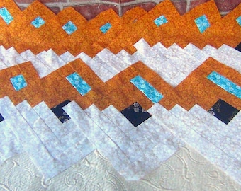 12 HUGE Big Already Pieced Large Handmade Log Cabin Quilt Top Blocks- Brown Floral Daisies Aqua- Golden Offwhite Flowers-Unfinished Quilting
