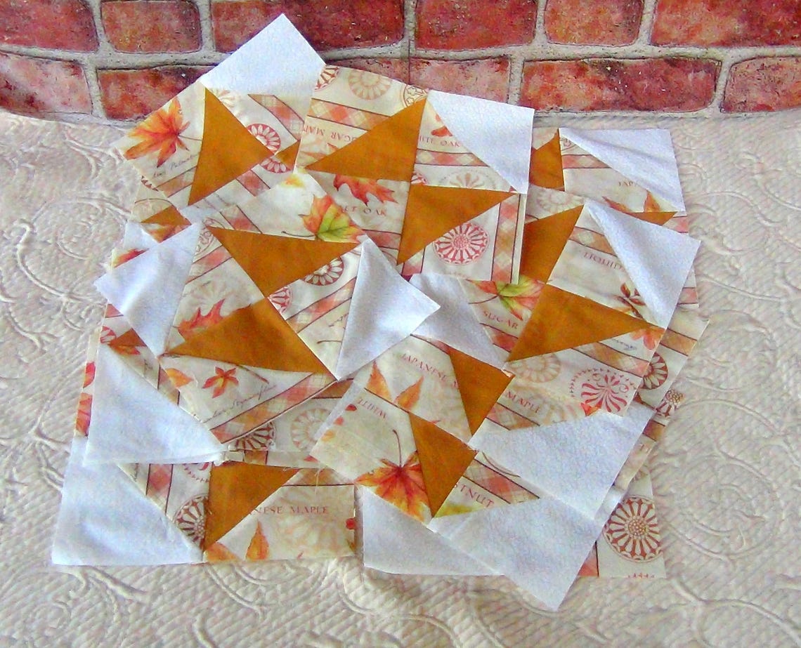 Already Pieced Made Lot of 16 Broken Dishes Quilt Top Blocks Maple Leaves Fall Autumn Patchwork Traditional Finished Unfinished Quilting image 2