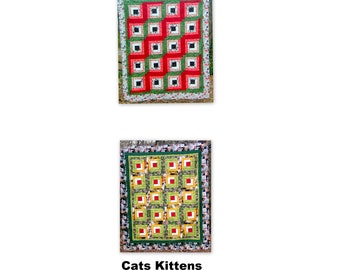 Quilting Sewing Unfinished Log Cabin Quilt Tops- Pieced Patchwork- Cherry Bikes Cats Kitten Flower Floral White Tulips- Traditional Finished