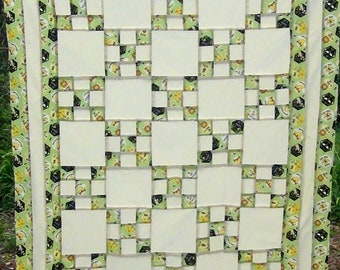 Already Pieced Handmade Quilt Top Single Irish Chain- Patchwork Quilting- Lap Throw Wall Crib- Queen Honey Bees Hives Farm Green Sweet Home