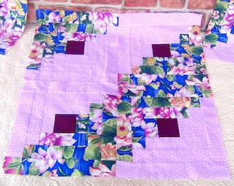 12 HUGE Already Pieced Unfinished Handmade Large Big Log Cabin Quilt Top Blocks- Spring and Summer Pink Diamond Blue Green Floral- Quilting