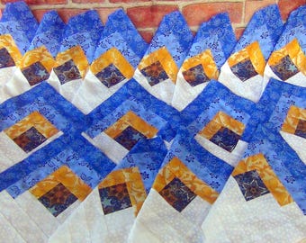 16 HUGE Big Already Pieced Handmade Log Cabin Quilt Top Blocks Large-Blue White GOLD Galaxy Stars Center- Completed Patchwork- Quilting NEW