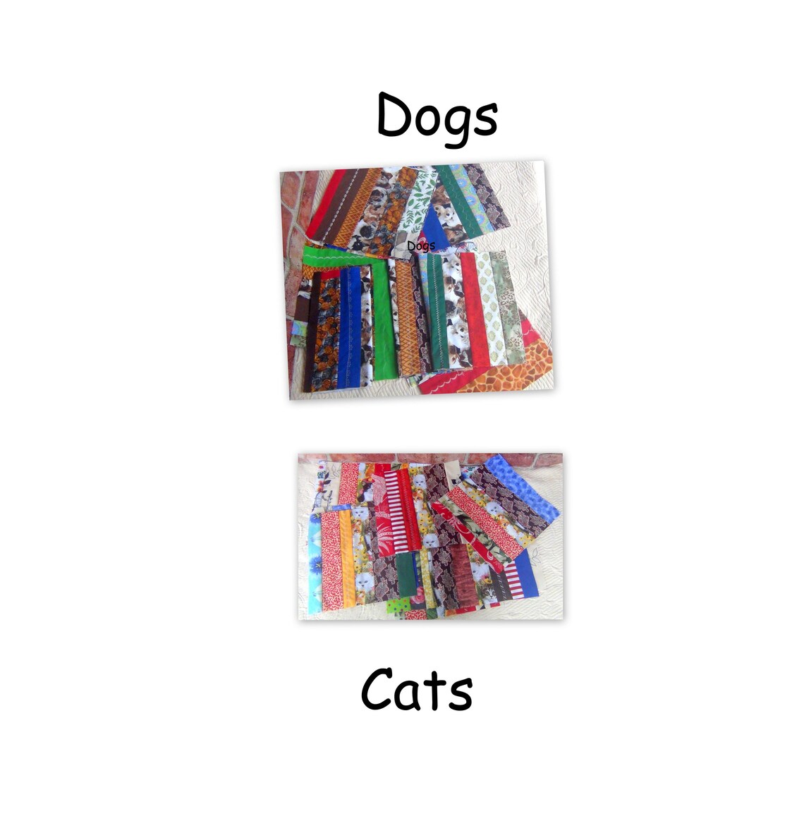 12 Embroidered LARGE Strip Pieced Scrap Crazy Country Quilt Blocks: Cats Kittens Center OR DOGS Pups Embroidery Finished Quilting Squares image 1
