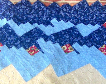 12 HUGE Big Already Pieced Handmade Log Cabin Quilt Top Blocks LARGE- SUNFLOWER Center- Bees Baby Blue Navy Red Patchwork- Finished Quilting