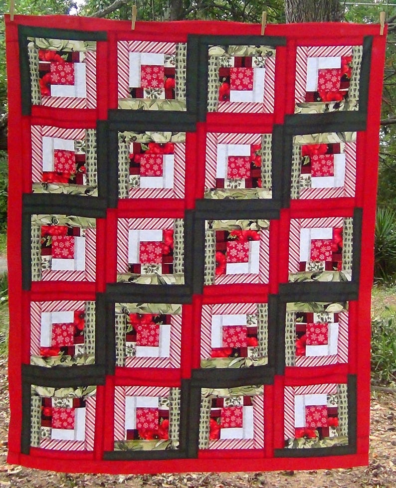 Unfinished Handmade Completed Already Pieced Made Log Cabin Quilt Top Red White Green Snowflake Candy Cane Animal Christmas Finished Throw image 1