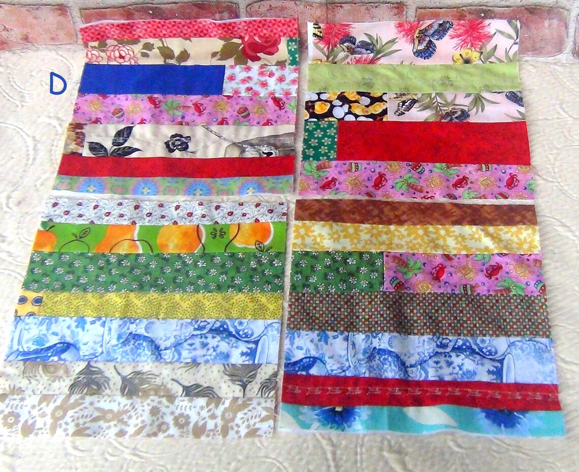 Scrap Crazy Country Quilt Blocks: Two Different Lots of 12 Embroidered LARGE Strip Pieced Machine Embroidery Finished Quilting Squares C D image 6