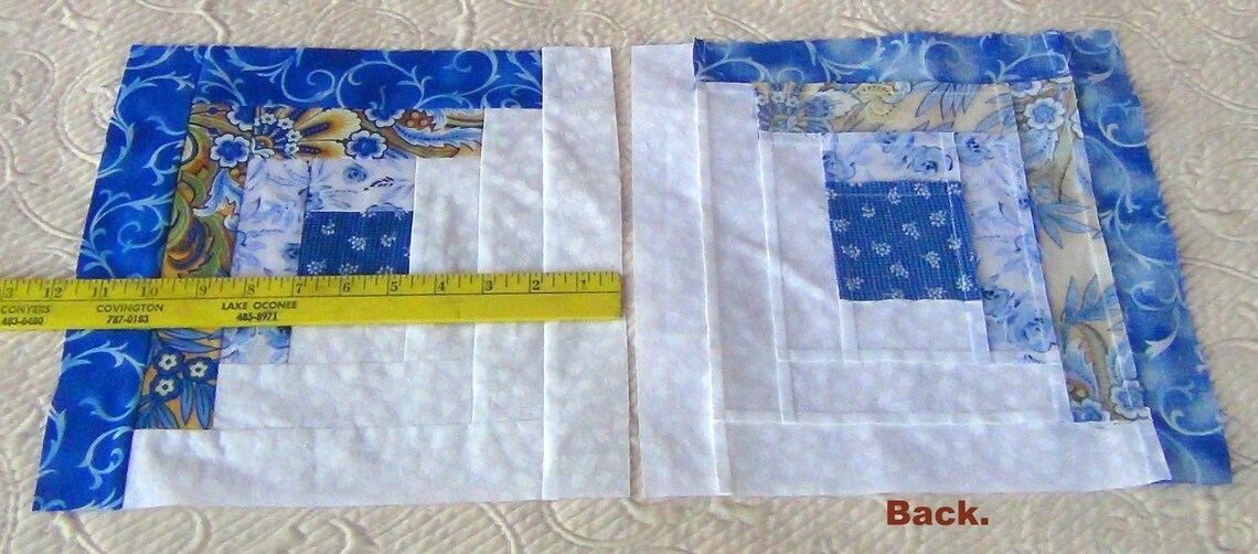12 HUGE Already Pieced Handmade Log Cabin Quilt Top Blocks Blue Roses Gold Floral White Tulips Patchwork Flower Centers Finished Quilting image 8