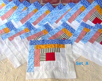 16[16] HUGE Big Already Pieced Large Handmade Log Cabin Quilt Top Blocks- [2 Choices] {A-Blue White Floral {B-Turkey Red Flowers- Quilting