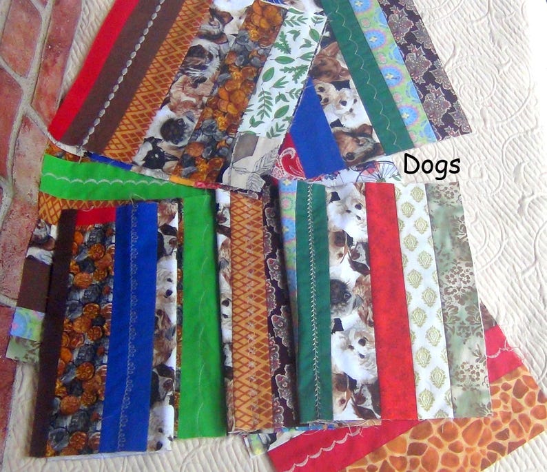 12 Embroidered LARGE Strip Pieced Scrap Crazy Country Quilt Blocks: Cats Kittens Center OR DOGS Pups Embroidery Finished Quilting Squares Dogs