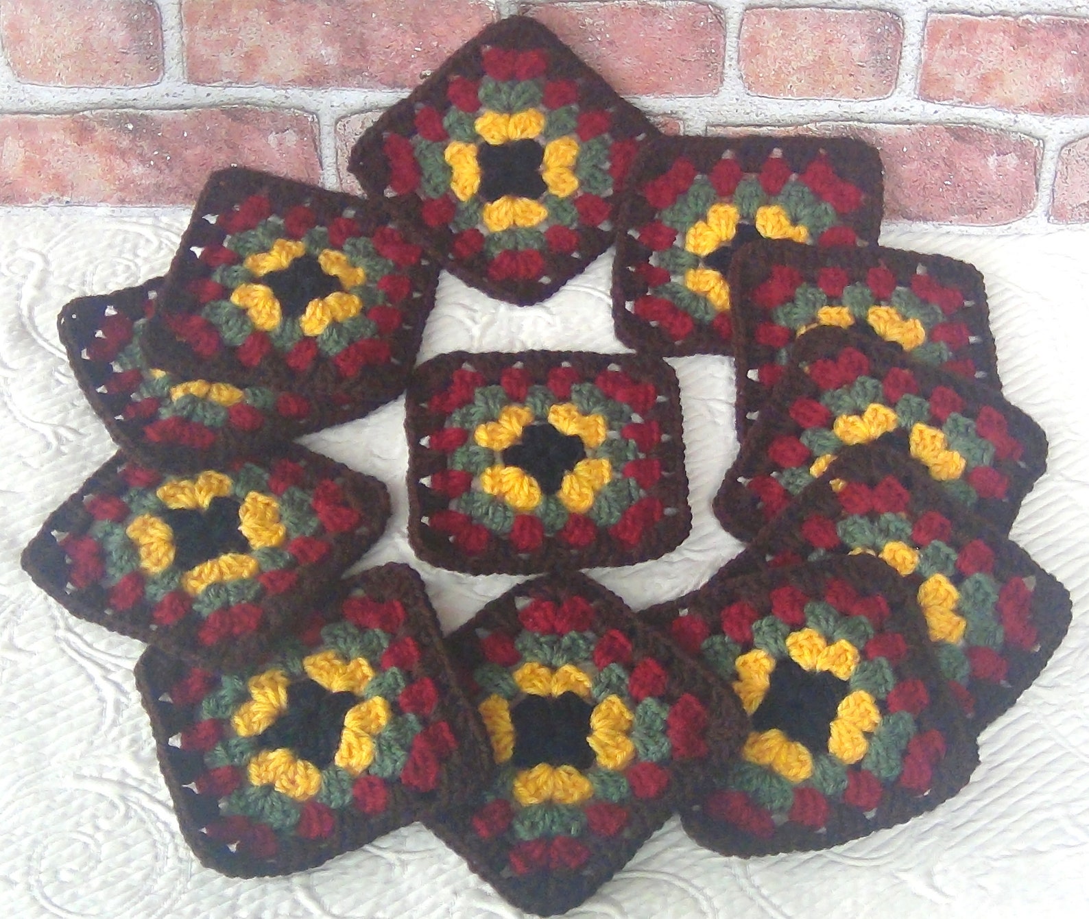 12 Crocheted Quilt Blocks Granny Squares Afghan - Turkey Red Black ...