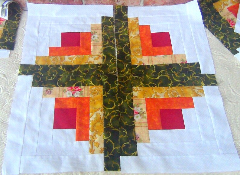 12 HUGE Already Pieced Handmade Log Cabin Quilt Top Blocks Xmas Pink Poinsettias Gold Floral Green Scroll Orange Tonal Snowflakes Finished image 2
