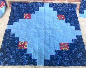 12 HUGE Big Already Pieced Handmade Log Cabin Quilt Top Blocks LARGE- SUNFLOWER Center- Bees Baby Blue Navy Red Patchwork- Finished Quilting