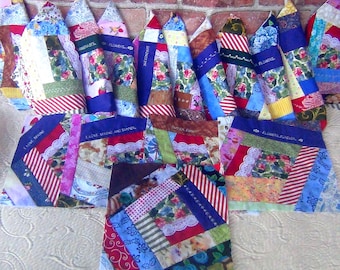 16 Already Pieced Crazy Strip Pieced- Embroidered BIG Scrappy Country Quilt Top Blocks Squares Machine Embroidery Finished Quilting Handmade