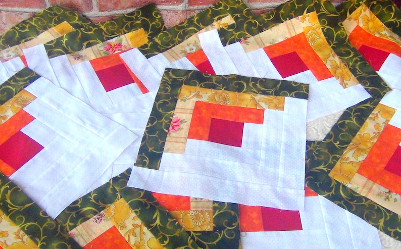 12 HUGE Already Pieced Handmade Log Cabin Quilt Top Blocks Xmas Pink Poinsettias Gold Floral Green Scroll Orange Tonal Snowflakes Finished image 1