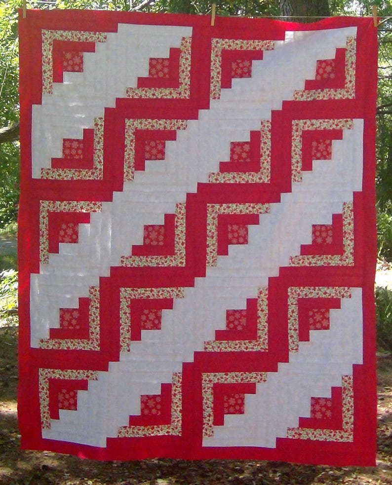 Unfinished Completed Already Pieced Made Log Cabin Quilt Top Red White Green Snowflakes Floral Animals Christmas Finished Lap Throw Wall image 1