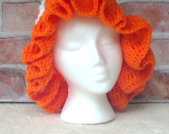 Orange Big Ruffles Yarn Hat Crochet Bucket Flower and button - Good Quality Fashion Glamour Women Style Christmas Xmas gift.  Handmade USA