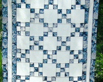 Already Made Pieced Quilt Top Single Irish Chain Traditional - Patchwork Quilting- Blue Flowers White Tulips Floral Unfinished Throw Lap NEW