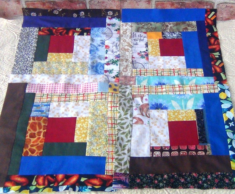20 HUGE Already Pieced Handmade Log Cabin Quilt Top Blocks New WONKY Unique Scrappy Patchwork Red Centers Traditional Finished Quilting image 2