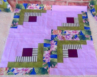12 HUGE Large Big Already Pieced Unfinished Handmade Log Cabin Quilt Top Blocks- Pink Diamond Blue Green Floral Summer -Traditional Quilting