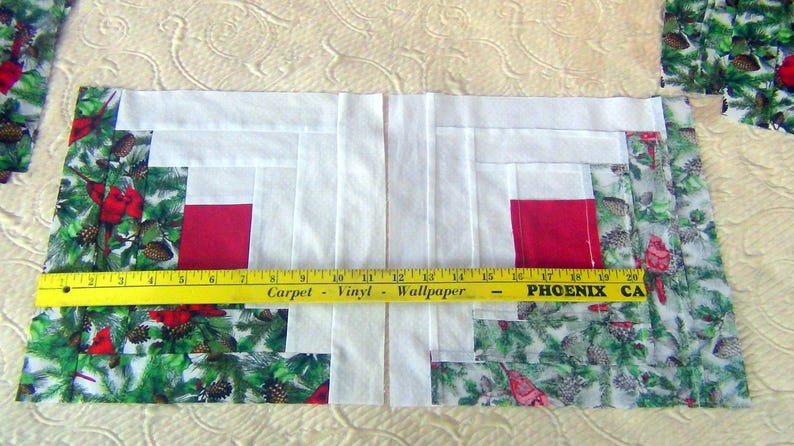 12 HUGE Already Pieced Handmade Log Cabin Quilt Top Blocks Red Bird Cardinal Xmas Snow Patchwork Red Centers Traditional Finished Quilting image 5