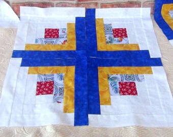 12 HUGE Big Already Pieced Handmade Log Cabin Quilt Top Blocks Large- Finished Completed- Blue White Gold Rooster & Horseshoe Floral Animal