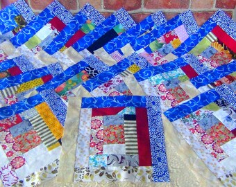 16 HUGE Big Already Pieced Handmade Log Cabin Quilt Top Blocks- GRANNY'S Depression ERA (D) Country Scrappy Patchwork- Old Fashion Quilting