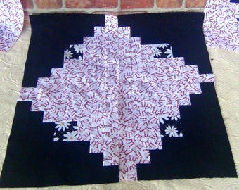 12 HUGE Big Already Pieced Large Handmade Log Cabin Quilt Top Blocks- Turkey Red White Black Butterfly Floral Flower Rose- Finished Quilting