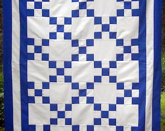 Already Made - Unfinished Single Irish Chain Quilt Top Cotton- Traditional - Blue White - Pieced Patchwork- Solid Color Crib Wall Throw Lap