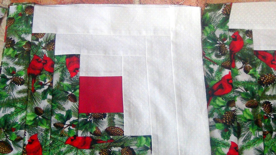 12 HUGE Already Pieced Handmade Log Cabin Quilt Top Blocks Red Bird Cardinal Xmas Snow Patchwork Red Centers Traditional Finished Quilting image 4